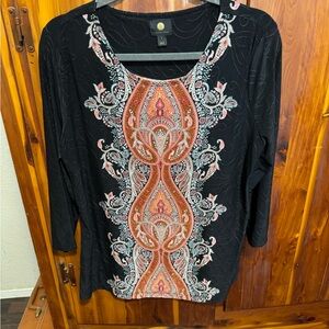 JM Collection Black and Orange Patterned Blouse